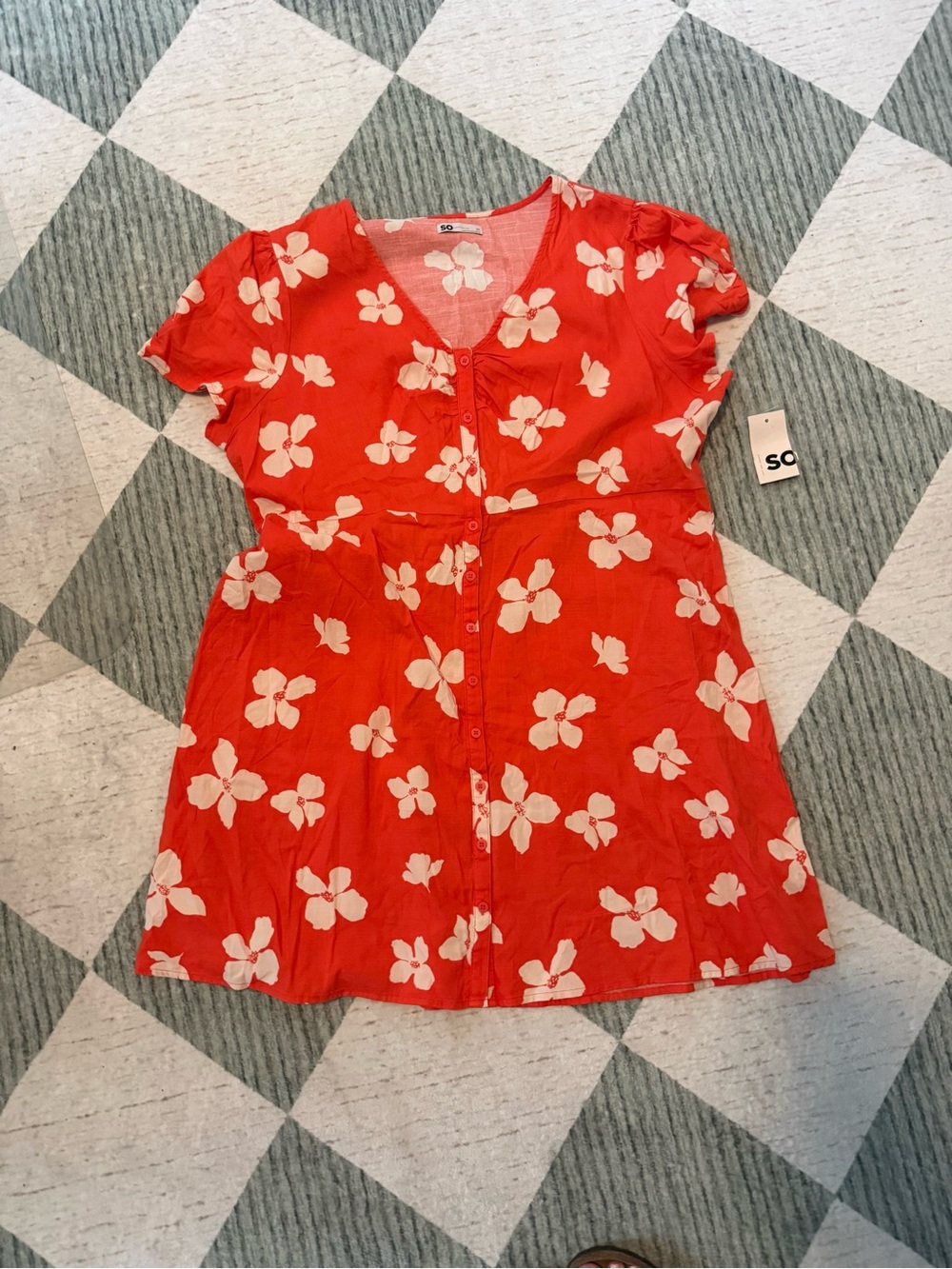 SO Women’s Plus Size 2X Orange White Floral Button Front Dress